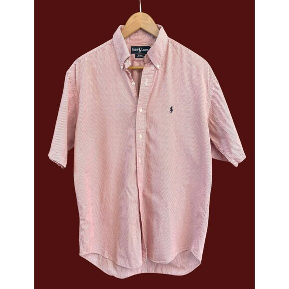 Y2K Ralph Lauren Red White Seersucker Striped Short Sleeve Button-Down Shirt Med - Picture 1 of 9
